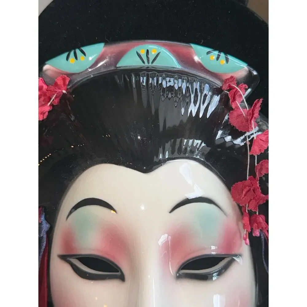 Clay Art San Francisco Geisha Wall Mask Ceramic Asian Lady Face Floral Hair 9”